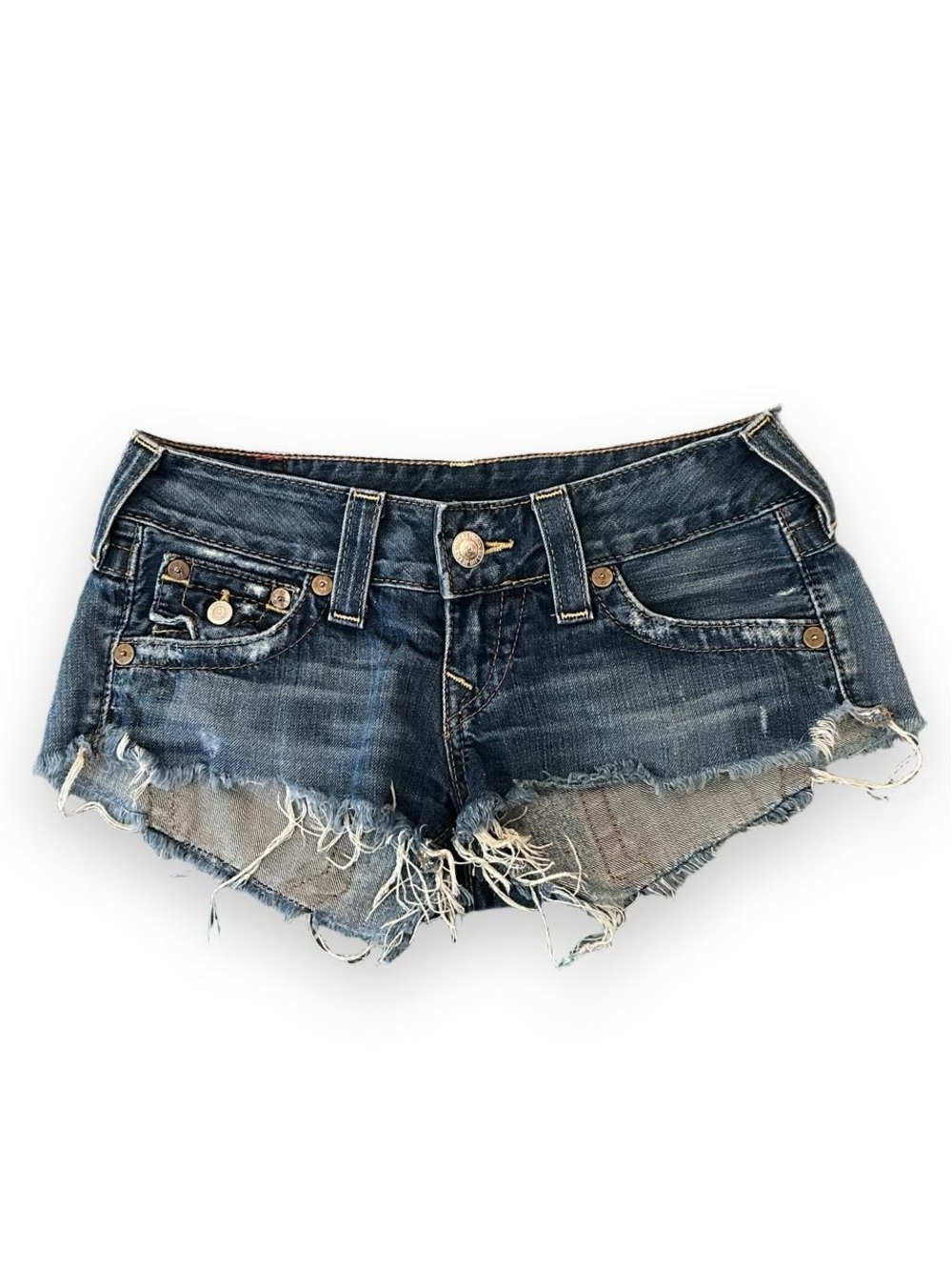 True Religion Vintage Joey Ultra Low Rise Cut Off Denim Shorts